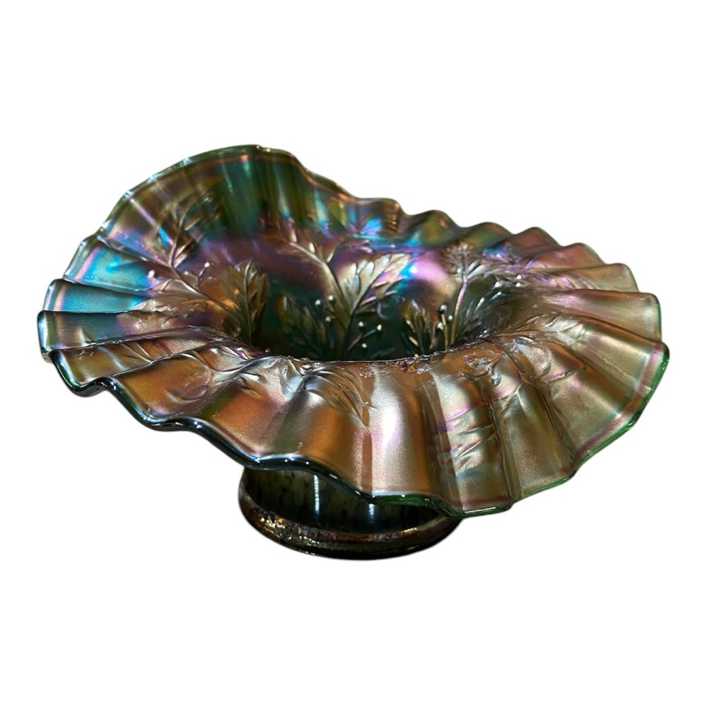 Fenton Iridescent Glass Art Bowl / Hat w/ crimped edge gold green holly & berry